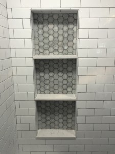shower niche, carrara octagon mosaic