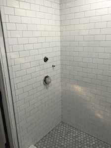 shower remodel with 3x6 glossy and carrara octagon mosaic